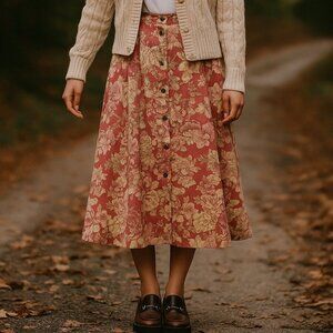 Liz Claiborne Vintage 90s Floral A-Line Midi Skirt Storybook Cottagecore Size 6P